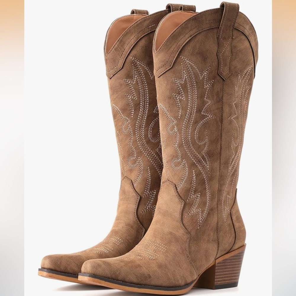 Women's Brown IUV Cowboy Western Cowgirl Chunky Heel Mid Calf Snip Boots #:5
